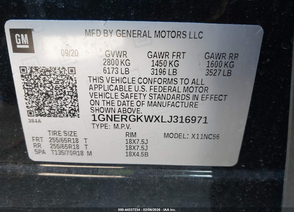 2020 CHEVROLET TRAVERSE FWD LT CLOTH VIN: 1GNERGKWXLJ316971