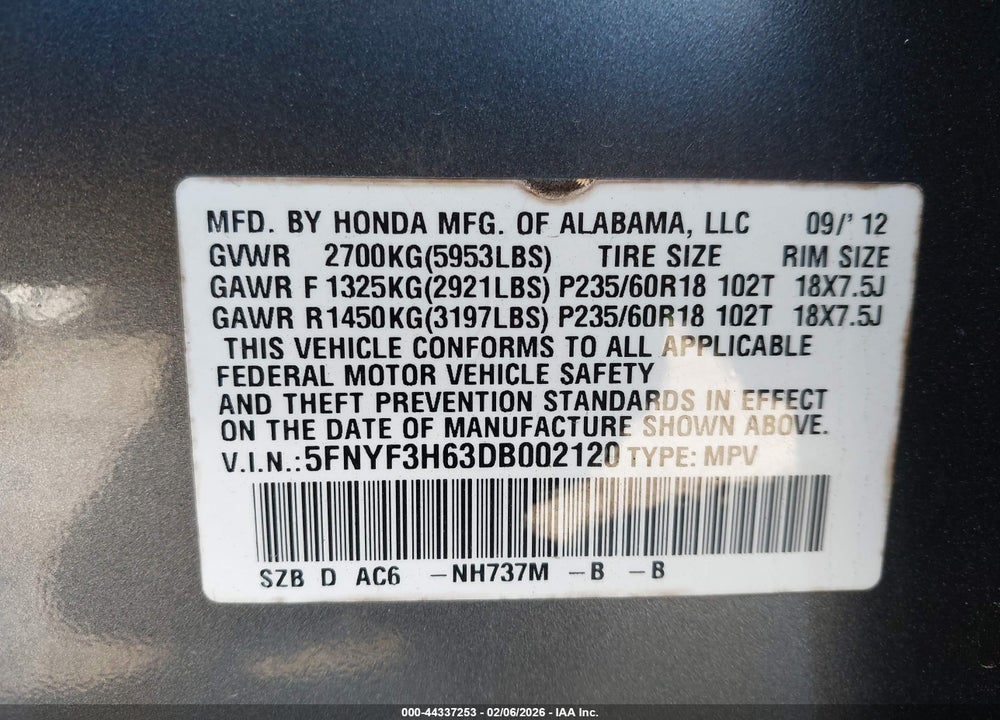 2013 HONDA PILOT EX-L VIN: 5FNYF3H63DB002120