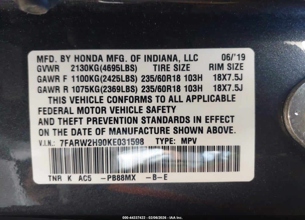 2019 HONDA CR-V TOURING VIN: 7FARW2H90KE031598