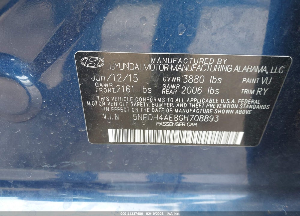 2016 HYUNDAI ELANTRA VALUE EDITION VIN: 5NPDH4AE8GH708893