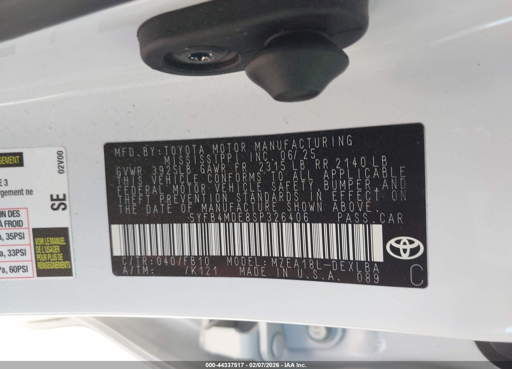 2025 TOYOTA COROLLA LE VIN: 5YFB4MDE8SP326406