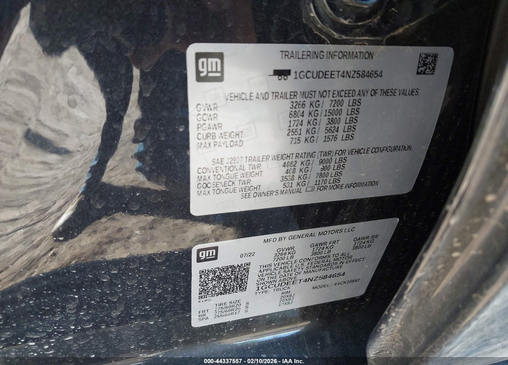 2022 CHEVROLET SILVERADO 1500 4WD  SHORT BED RST VIN: 1GCUDEET4NZ584654