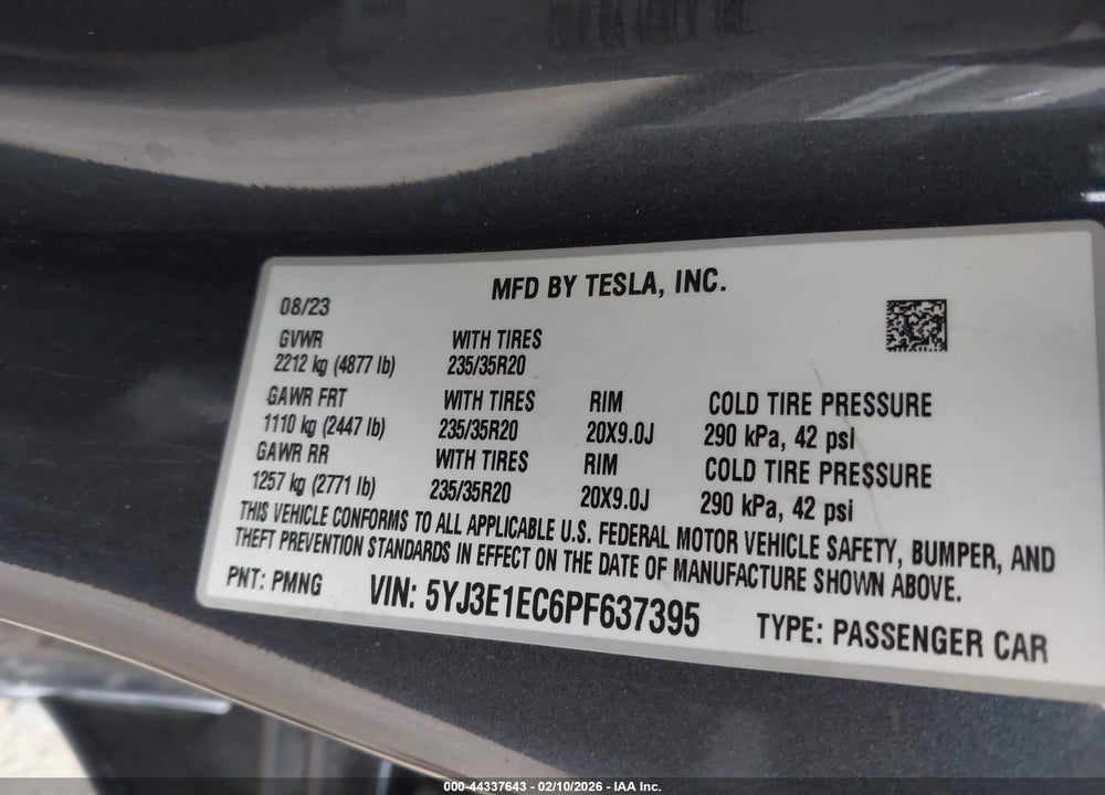 2023 TESLA MODEL 3 PERFORMANCE DUAL MOTOR ALL-WHEEL DRIVE VIN: 5YJ3E1EC6PF637395