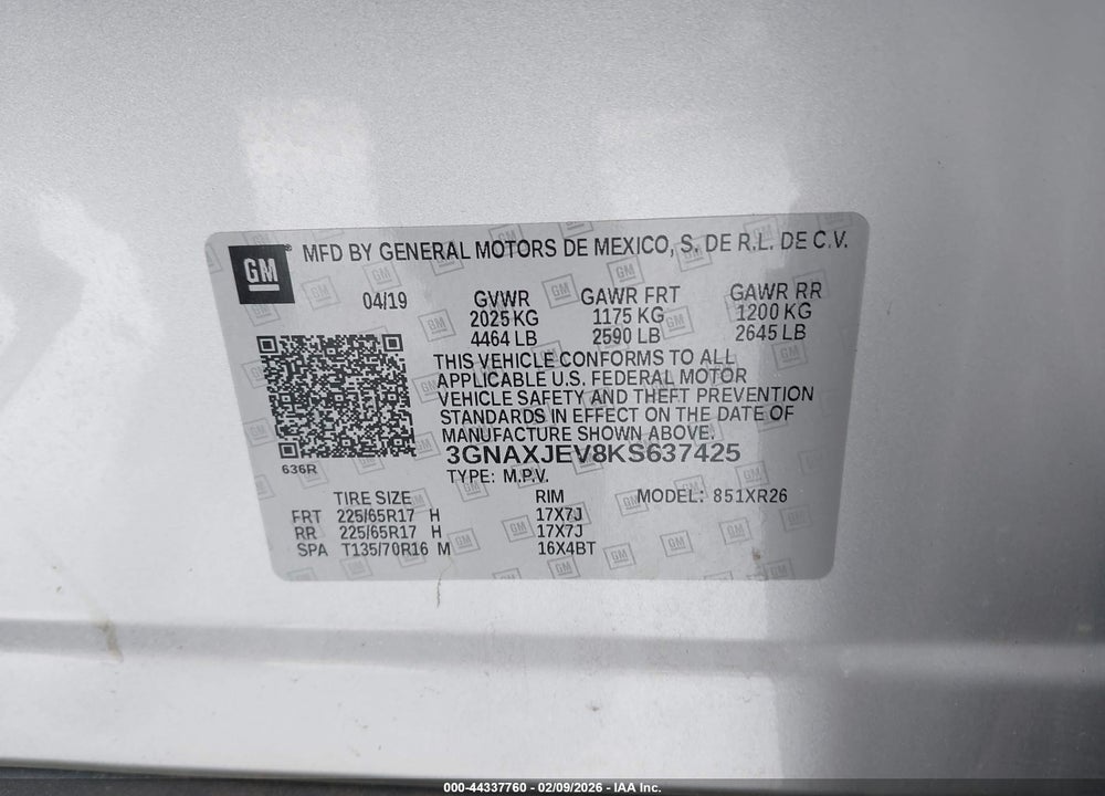 2019 CHEVROLET EQUINOX LT VIN: 3GNAXJEV8KS637425