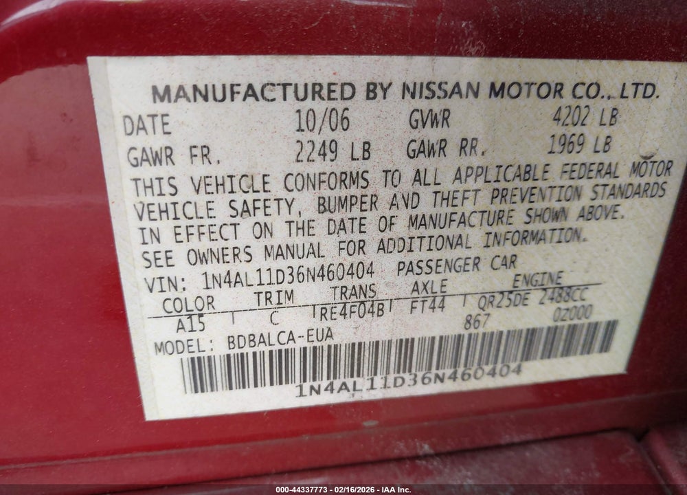 2006 NISSAN ALTIMA 2.5 S VIN: 1N4AL11D36N460404