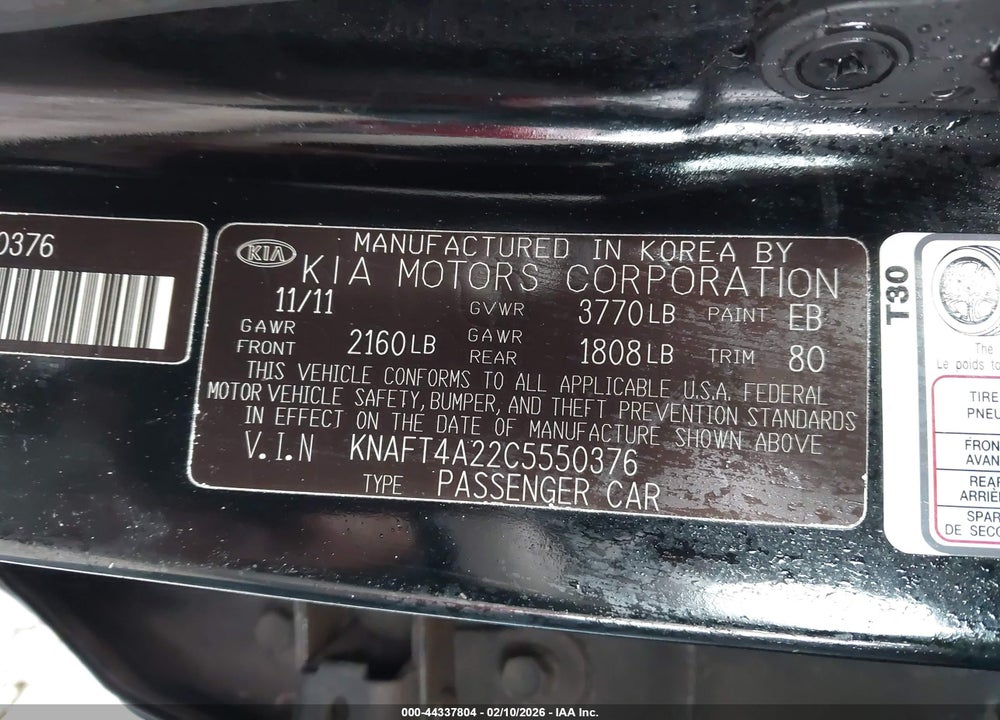 2012 KIA FORTE LX VIN: KNAFT4A22C5550376