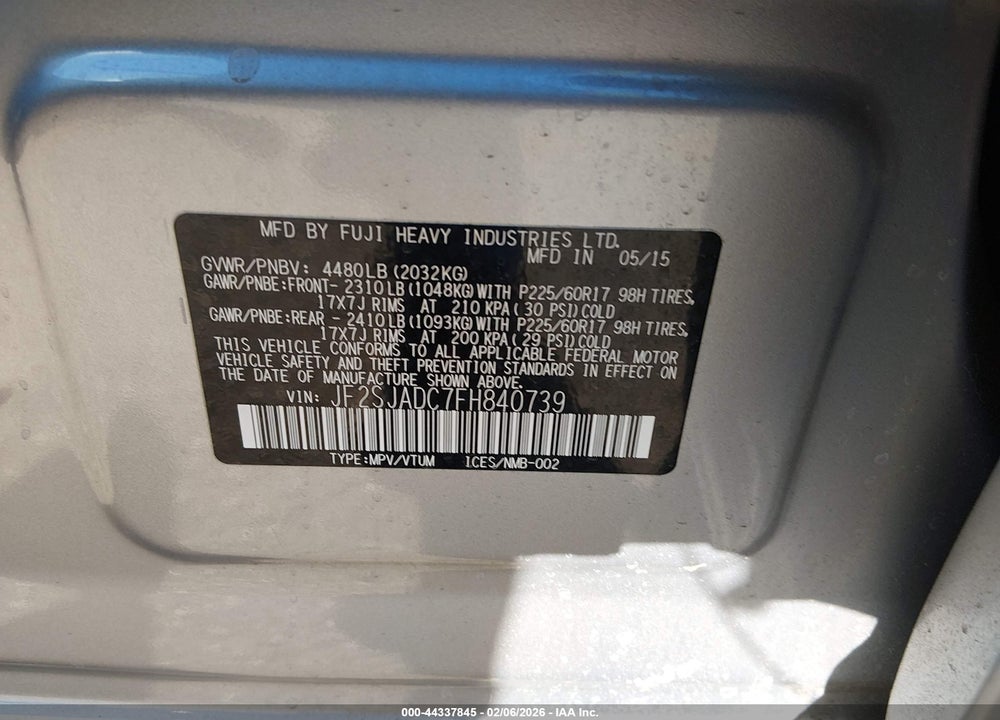 2015 SUBARU FORESTER 2.5I PREMIUM VIN: JF2SJADC7FH840739