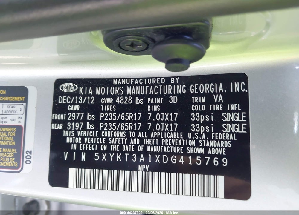 2013 KIA SORENTO LX VIN: 5XYKT3A1XDG415769