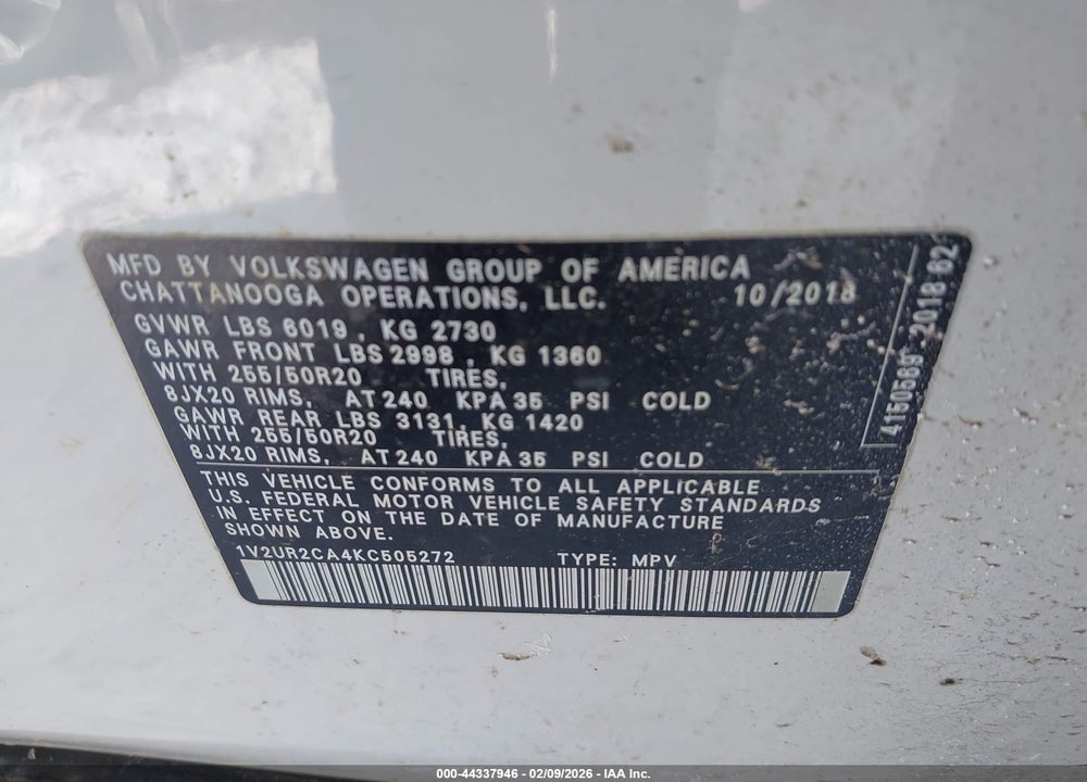 2019 VOLKSWAGEN ATLAS 3.6L V6 SE W/TECHNOLOGY VIN: 1V2UR2CA4KC505272