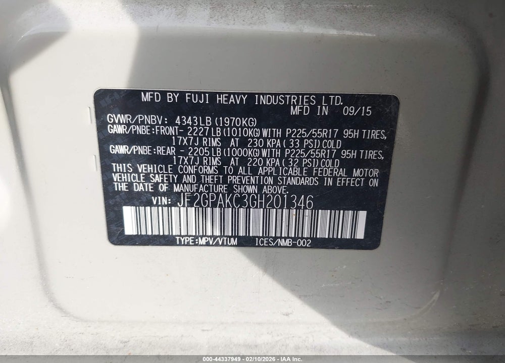 2016 SUBARU CROSSTREK 2.0I LIMITED VIN: JF2GPAKC3GH201346
