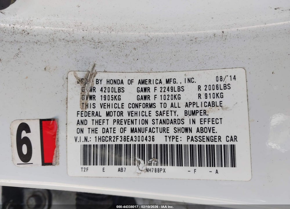 2014 HONDA ACCORD LX VIN: 1HGCR2F38EA300436