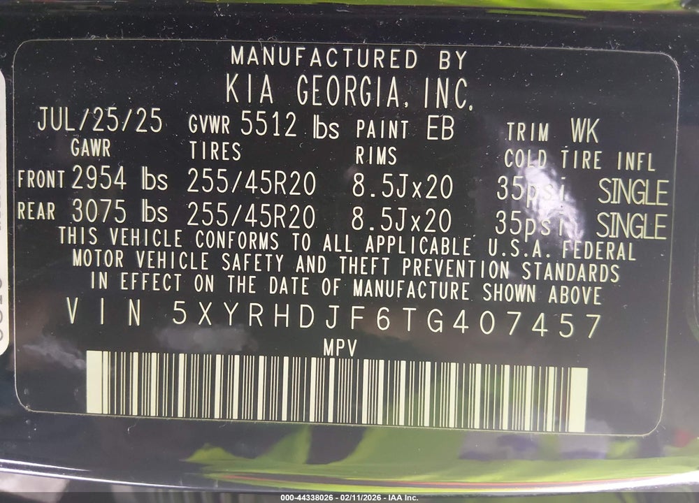 2026 KIA SORENTO X-LINE EX VIN: 5XYRHDJF6TG407457