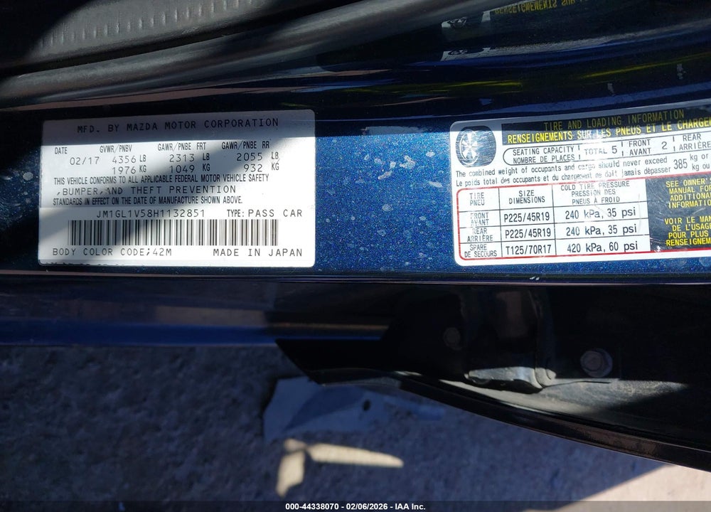 2017 MAZDA 6 TOURING VIN: JM1GL1V58H1132851