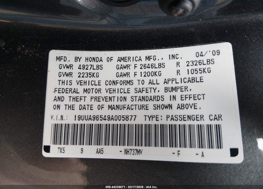 2009 ACURA TL 3.7 VIN: 19UUA96549A005877
