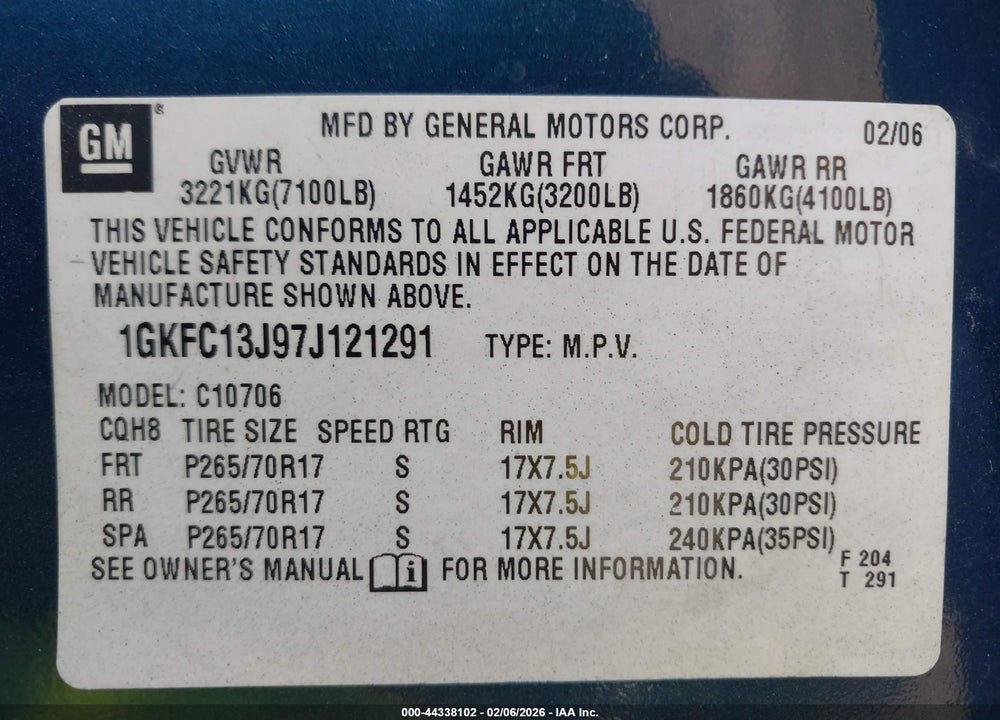 2007 GMC YUKON SLE VIN: 1GKFC13J97J121291