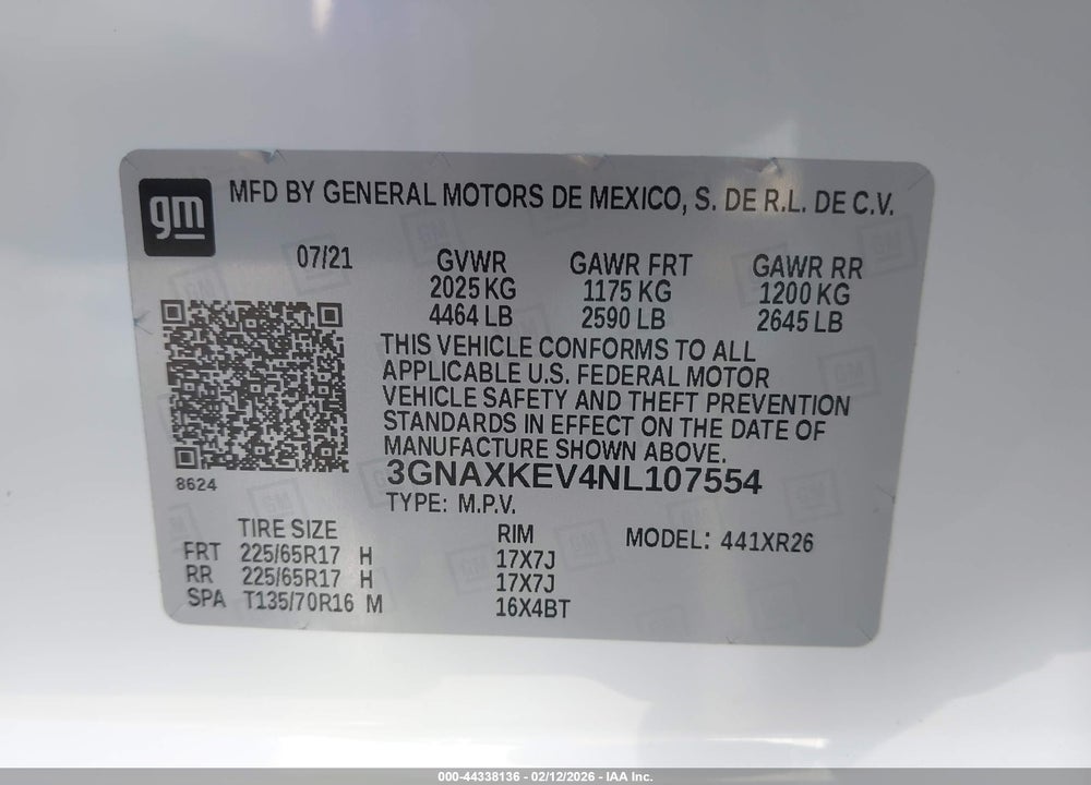 2022 CHEVROLET EQUINOX FWD LT VIN: 3GNAXKEV4NL107554
