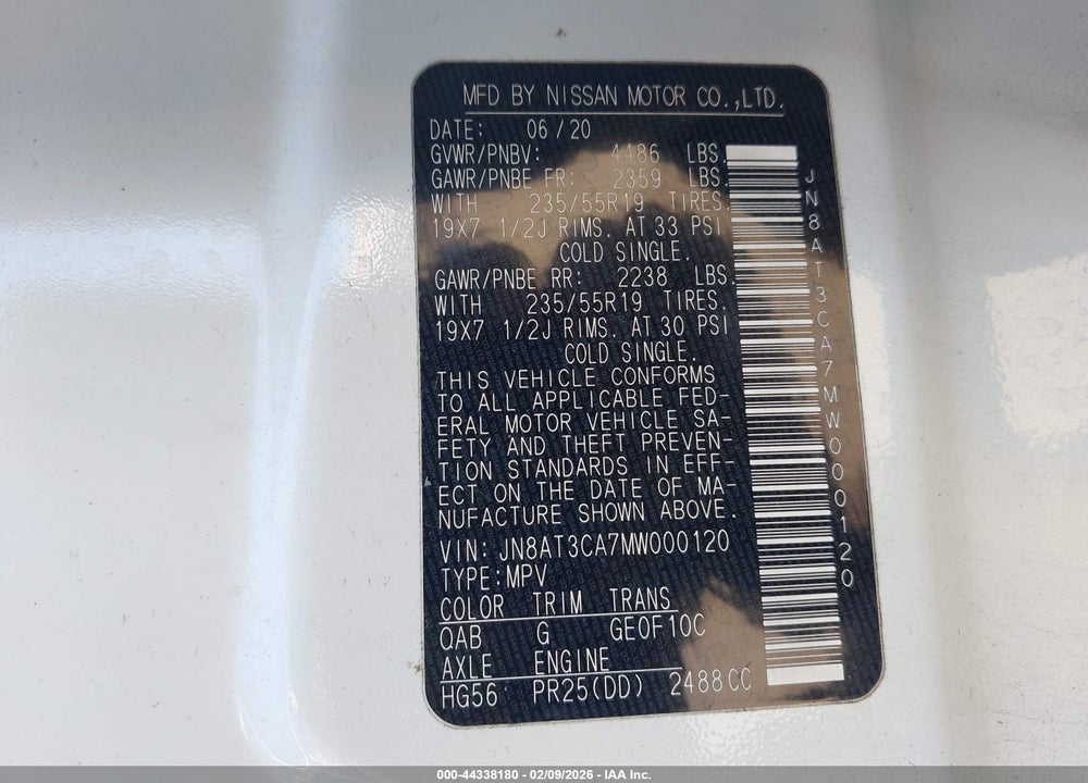 2021 NISSAN ROGUE SL FWD VIN: JN8AT3CA7MW000120