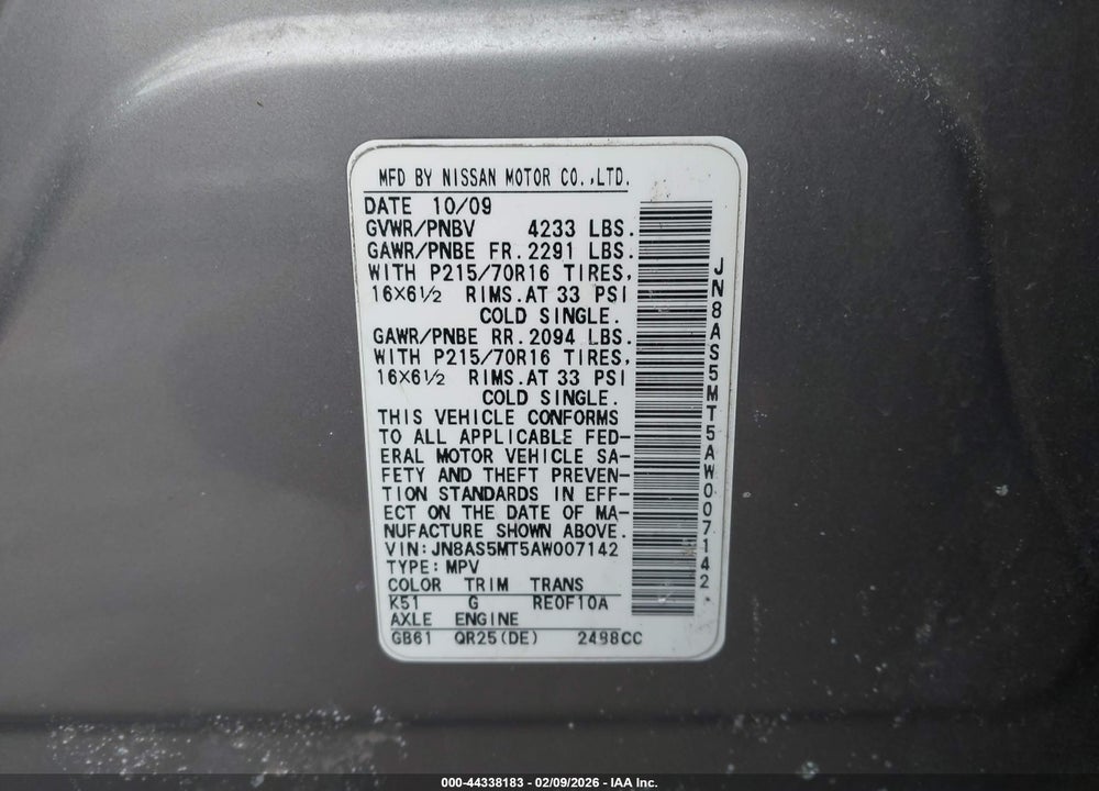 2010 NISSAN ROGUE S VIN: JN8AS5MT5AW007142