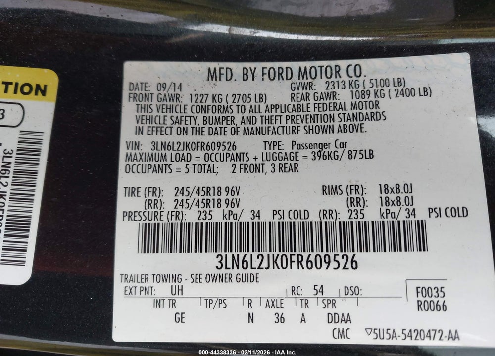 2015 LINCOLN MKZ VIN: 3LN6L2JK0FR609526