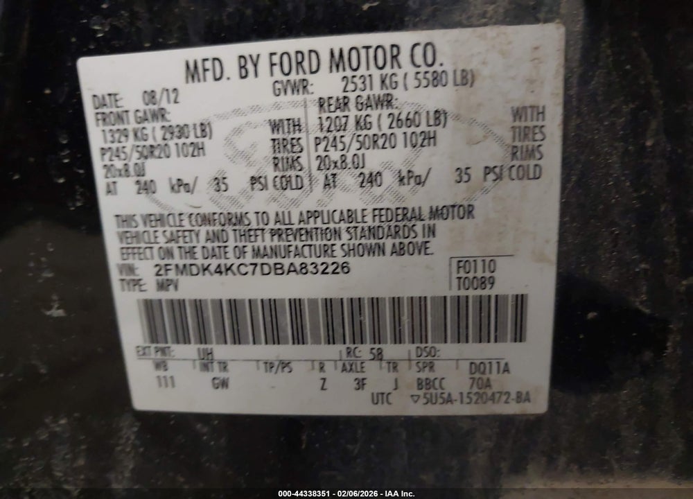 2013 FORD EDGE LIMITED VIN: 2FMDK4KC7DBA83226