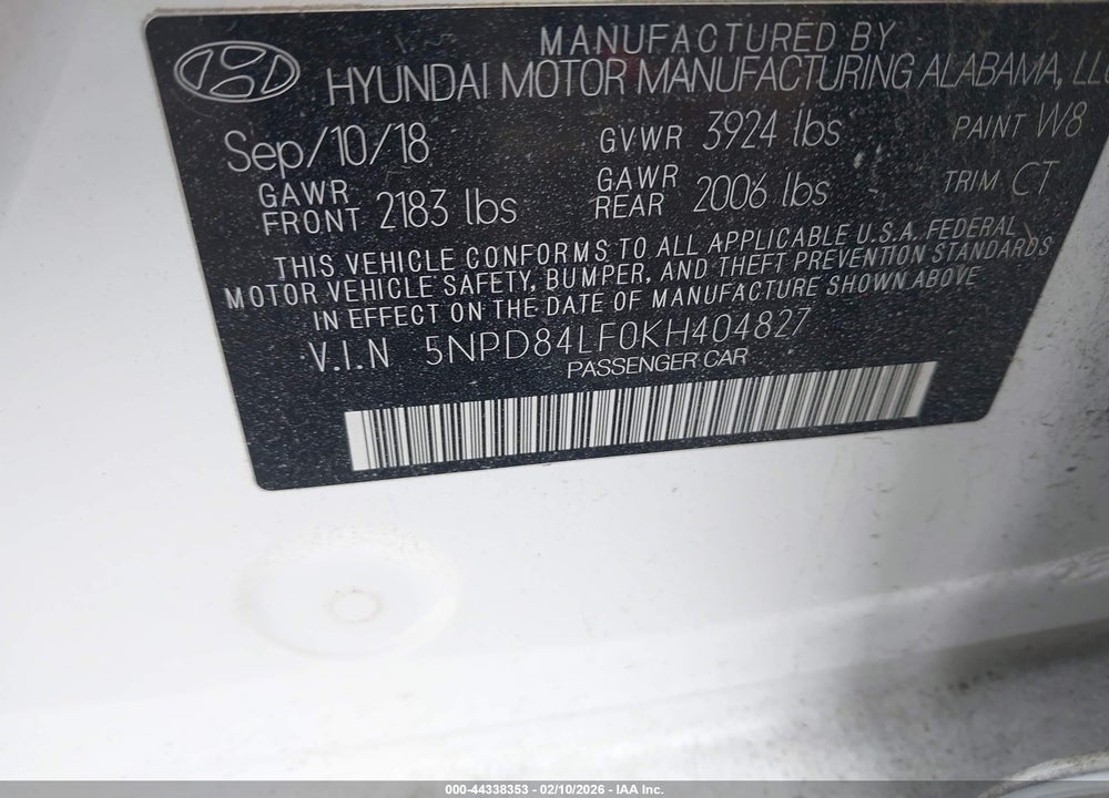 2019 HYUNDAI ELANTRA SEL VIN: 5NPD84LF0KH404827
