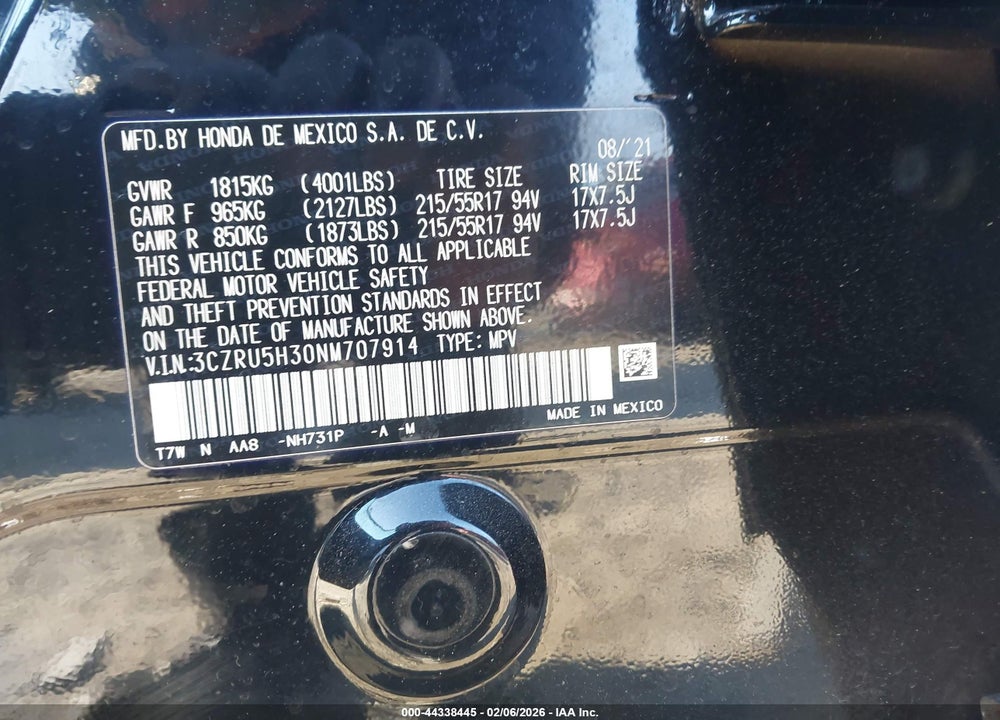 2022 HONDA HR-V 2WD LX VIN: 3CZRU5H30NM707914