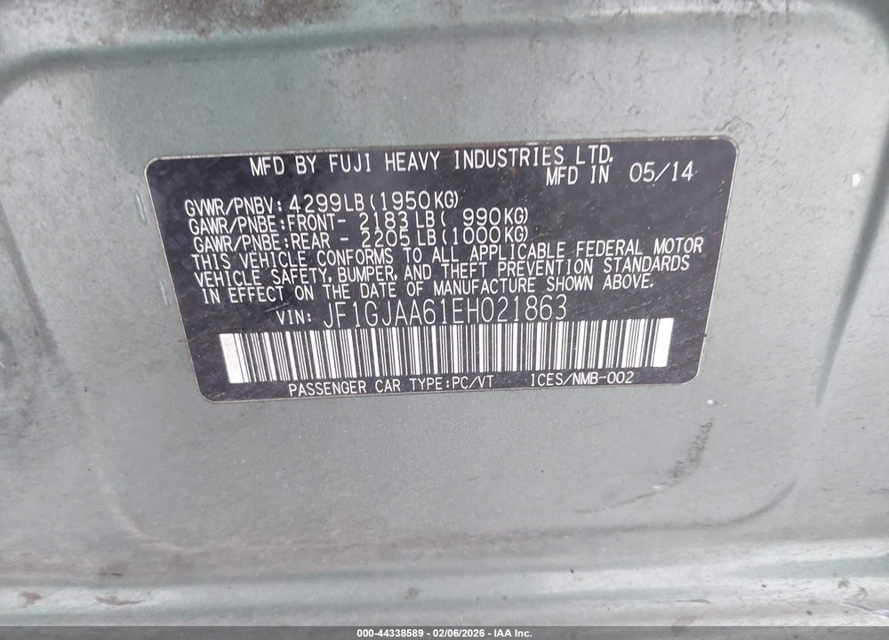 2014 SUBARU IMPREZA 2.0I VIN: JF1GJAA61EH021863