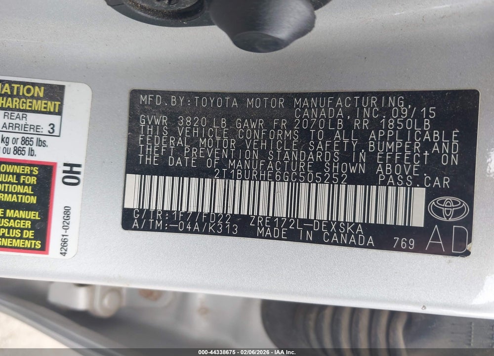 2016 TOYOTA COROLLA S PLUS VIN: 2T1BURHE6GC505252