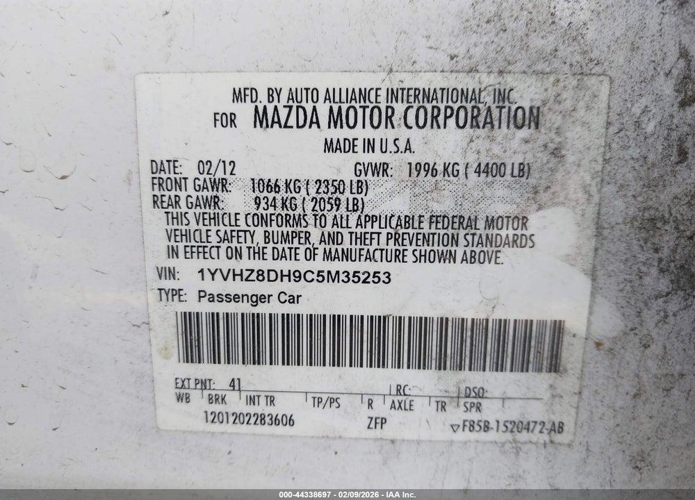 2012 MAZDA 6 I TOURING VIN: 1YVHZ8DH9C5M35253