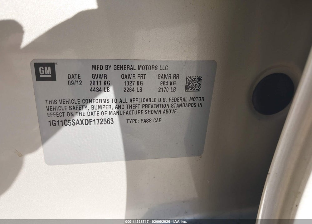 2013 CHEVROLET MALIBU 1LT VIN: 1G11C5SAXDF172563