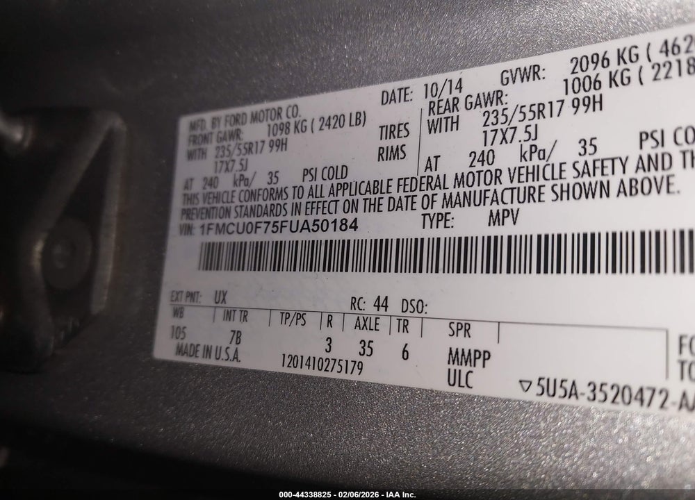 2015 FORD ESCAPE S VIN: 1FMCU0F75FUA50184