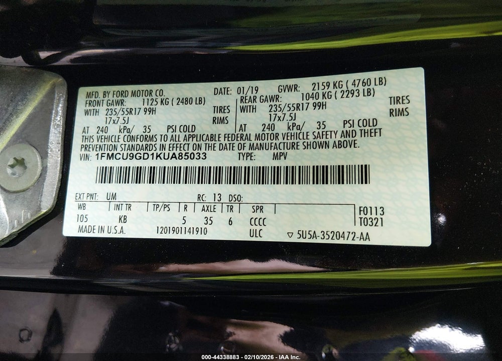 2019 FORD ESCAPE SE VIN: 1FMCU9GD1KUA85033