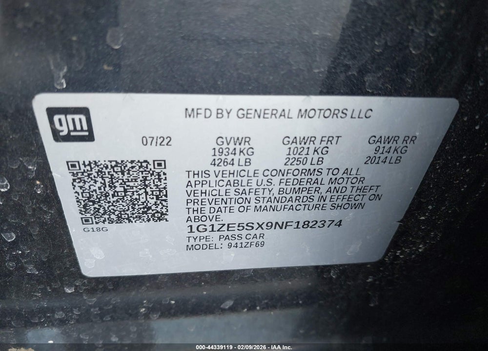 2022 CHEVROLET MALIBU FWD PREMIER VIN: 1G1ZE5SX9NF182374
