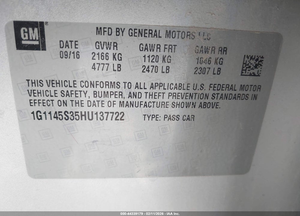 2017 CHEVROLET IMPALA 2LZ VIN: 1G1145S35HU137722