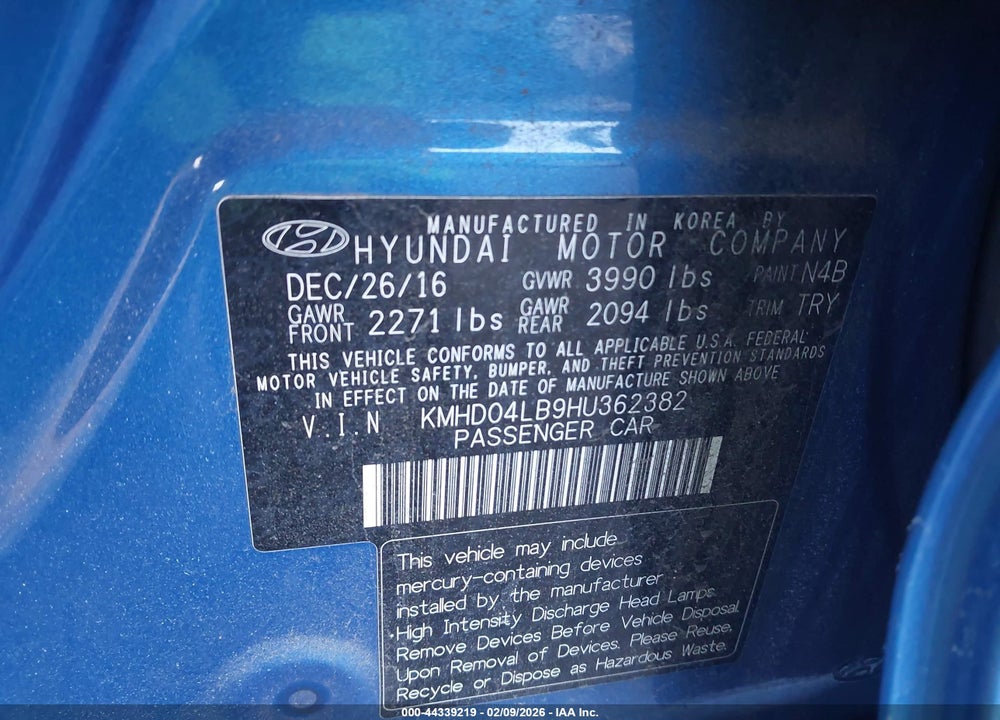 2017 HYUNDAI ELANTRA SPORT VIN: KMHD04LB9HU362382