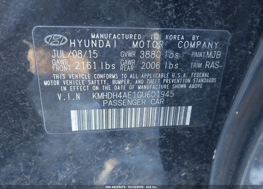 2016 HYUNDAI ELANTRA SE VIN: KMHDH4AE1GU601945