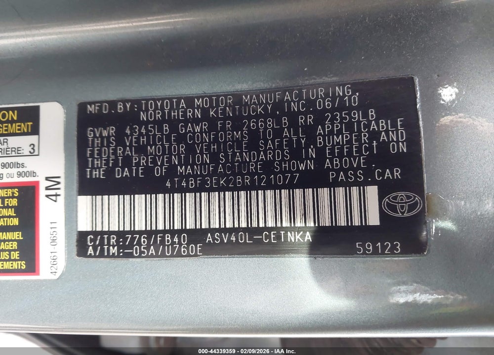 2011 TOYOTA CAMRY LE VIN: 4T4BF3EK2BR121077