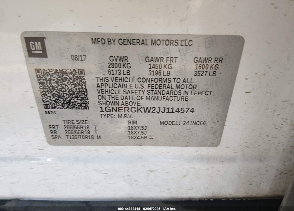 2018 CHEVROLET TRAVERSE 1LT VIN: 1GNERGKW2JJ114574
