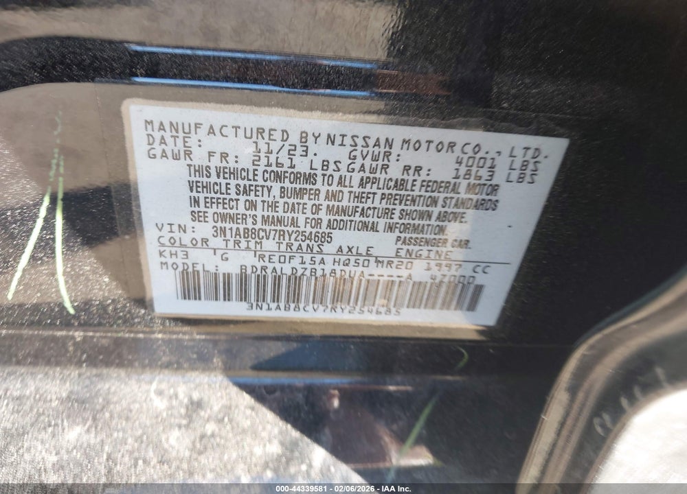 2024 NISSAN SENTRA SV XTRONIC CVT VIN: 3N1AB8CV7RY254685