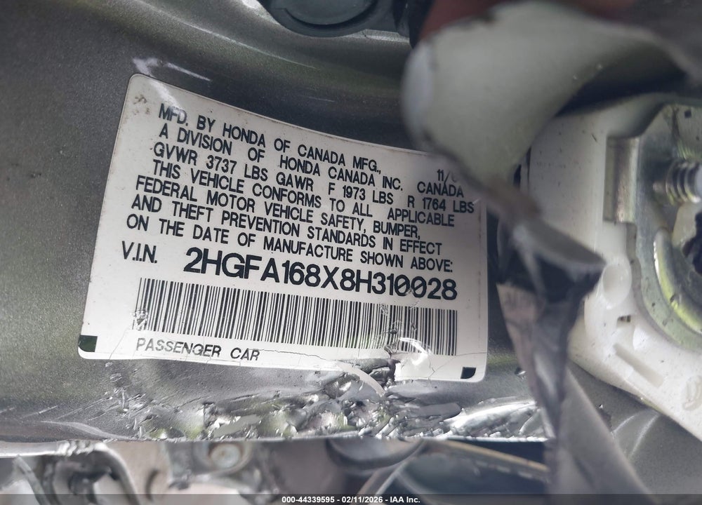 2008 HONDA CIVIC EX VIN: 2HGFA168X8H310028