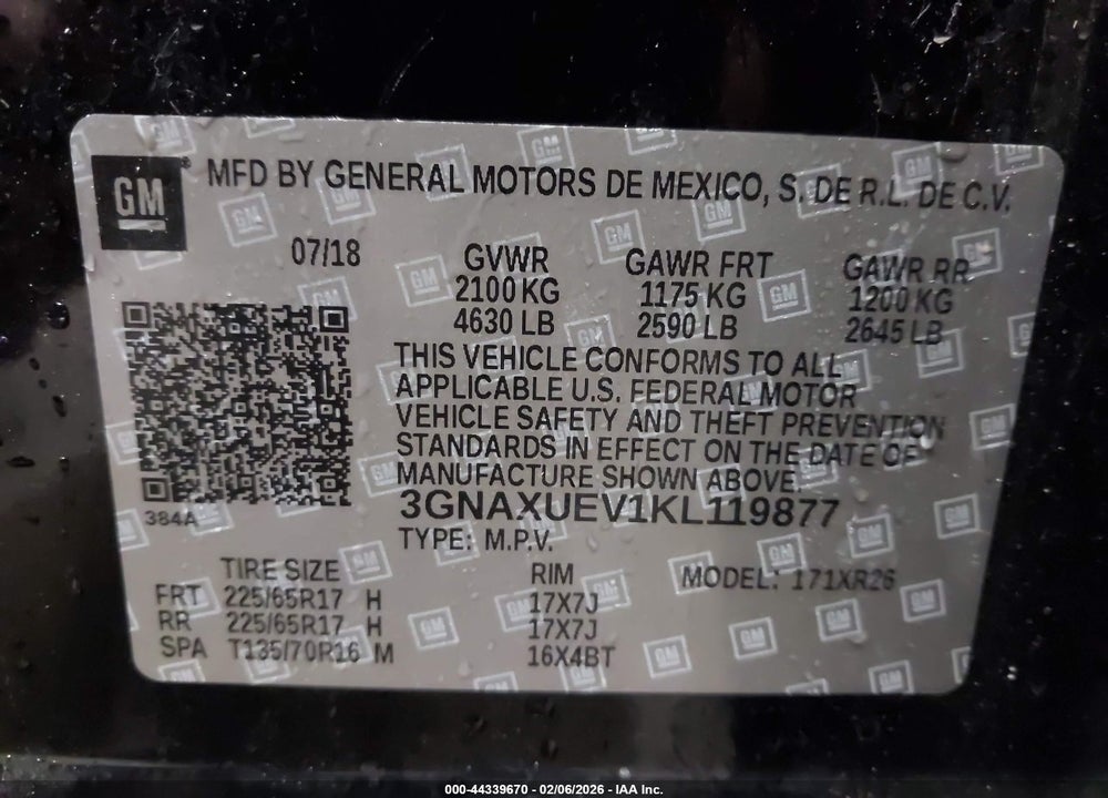 2019 CHEVROLET EQUINOX LT VIN: 3GNAXUEV1KL119877