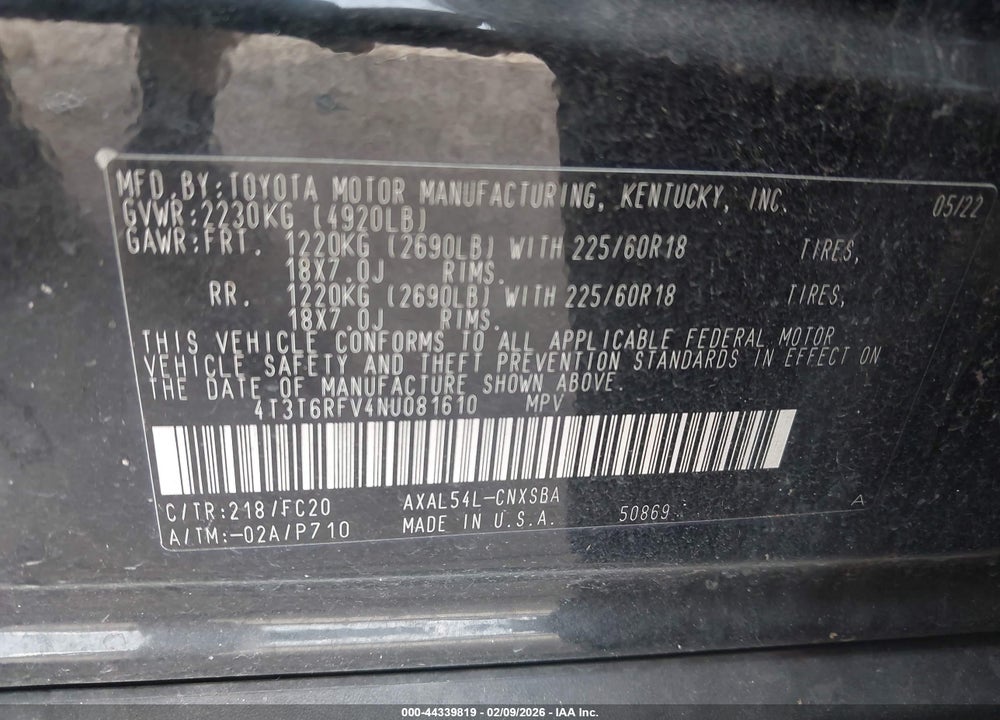 2022 TOYOTA RAV4 HYBRID SE VIN: 4T3T6RFV4NU081610