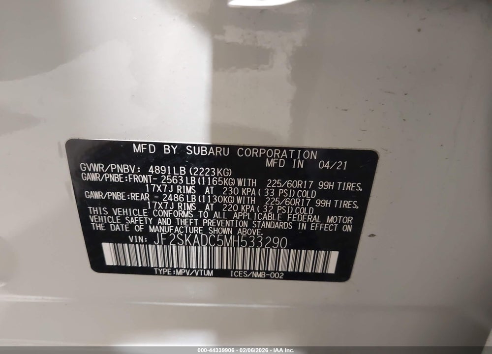 2021 SUBARU FORESTER VIN: JF2SKADC5MH533290
