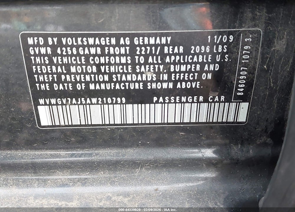 2010 VOLKSWAGEN GTI 4-DOOR VIN: WVWGV7AJ5AW210799