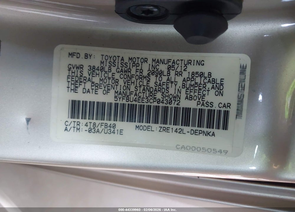 2012 TOYOTA COROLLA LE VIN: 5YFBU4EE3CP043072