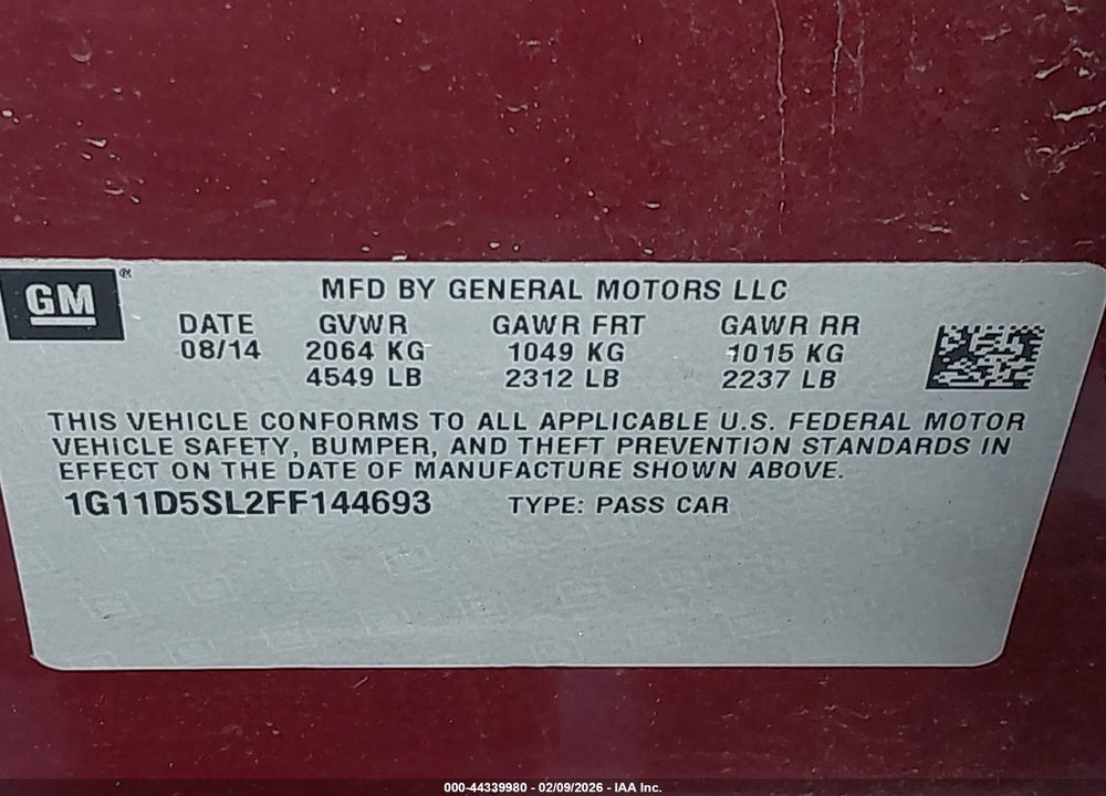 2015 CHEVROLET MALIBU 2LT VIN: 1G11D5SL2FF144693