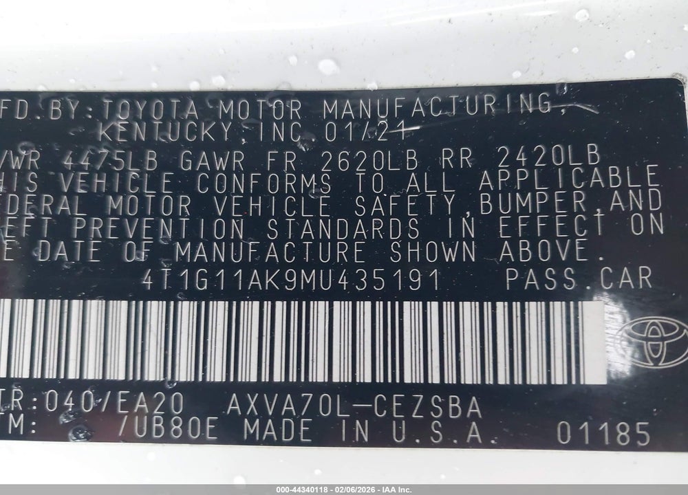2021 TOYOTA CAMRY SE VIN: 4T1G11AK9MU435191