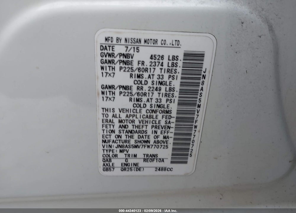 2015 NISSAN ROGUE SELECT S VIN: JN8AS5MV7FW770725
