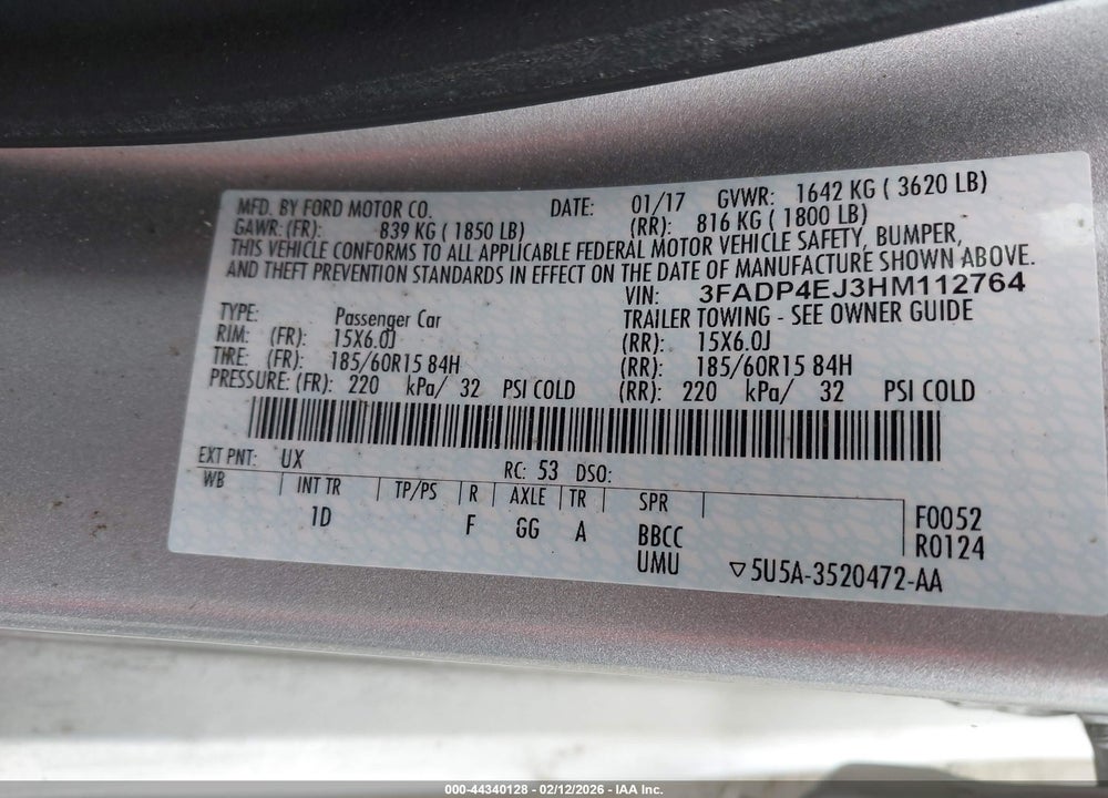 2017 FORD FIESTA SE VIN: 3FADP4EJ3HM112764