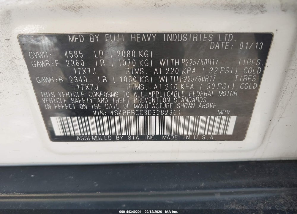 2013 SUBARU OUTBACK 2.5I PREMIUM VIN: 4S4BRBCC3D3282361